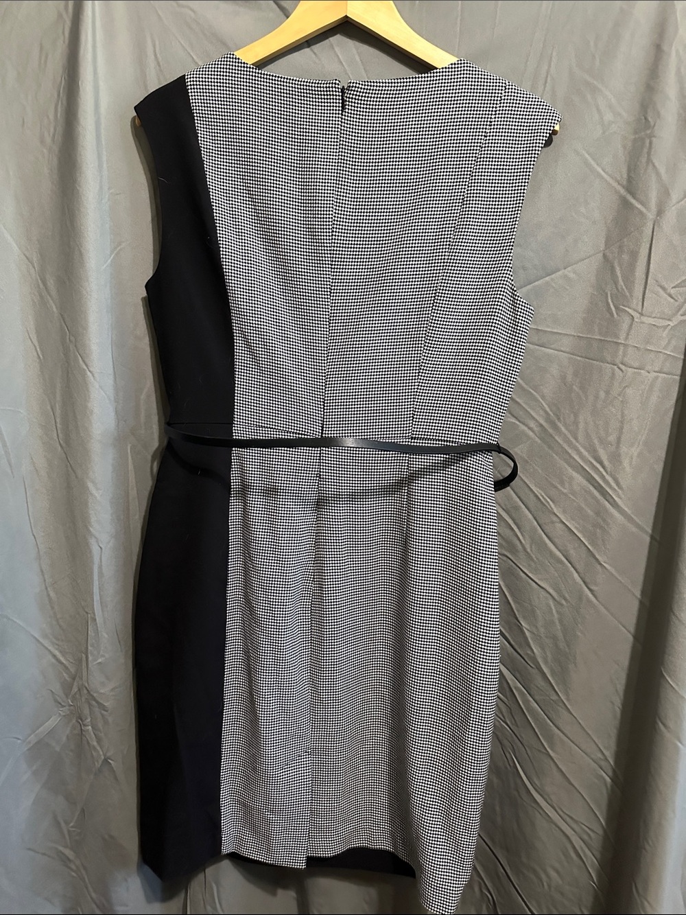 Calvin Klein Black and White Colorblock Midi Sheath Dress with Belt - Picture 3 of 6